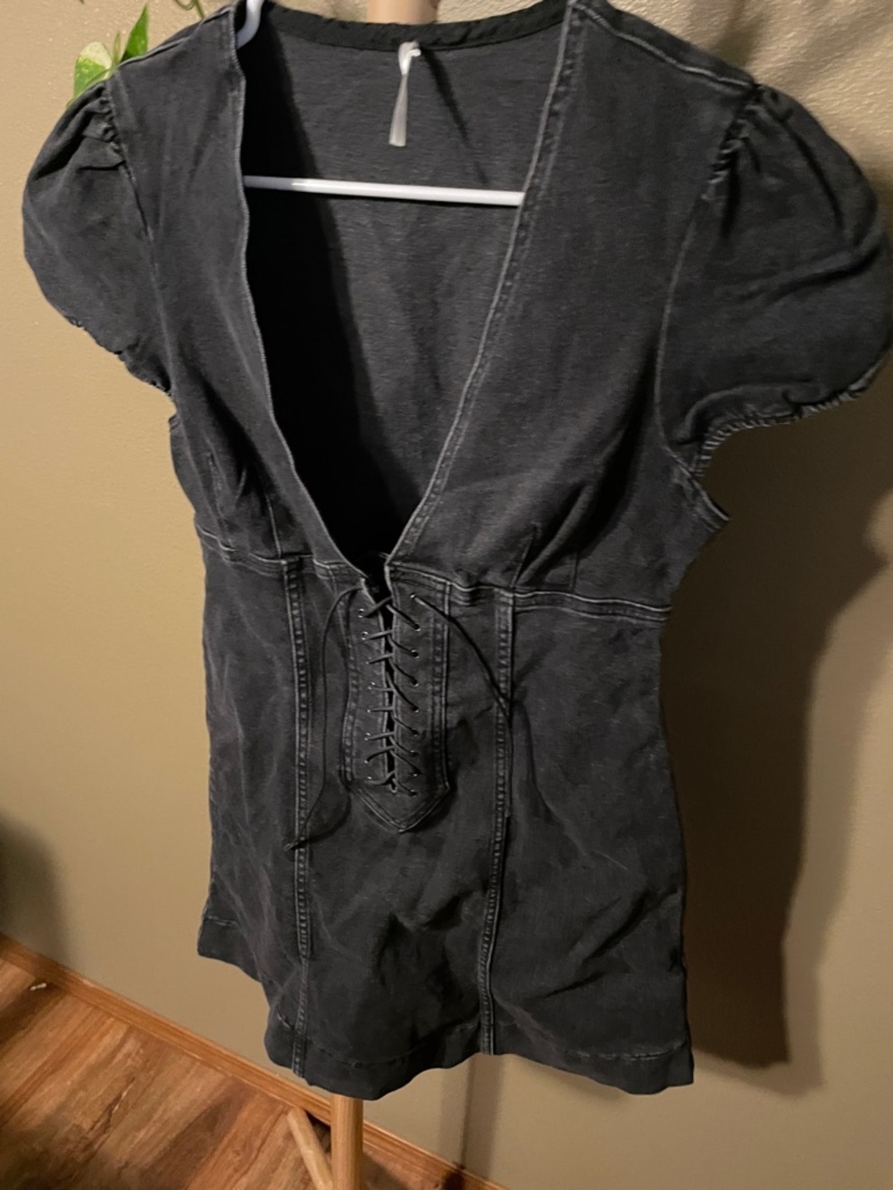 NWOT Free People Dark Denim Mini Dress with Deep V Neck - Picture 3 of 7